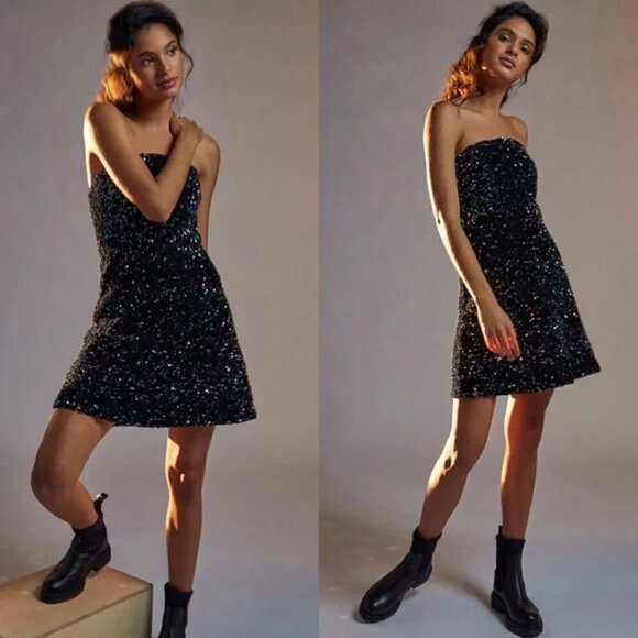 Shoshanna Jamie Sequined Strapless Black Cocktail Mini Dress NWT Size 12 - Picture 7 of 16